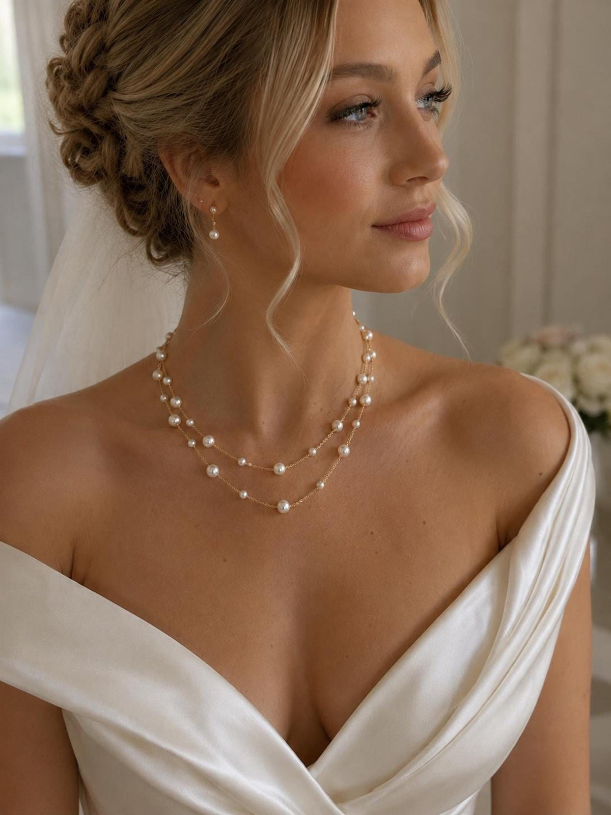 Bridal Pearl Necklace, Double Layered Gold and Silver Wedding Jewelry