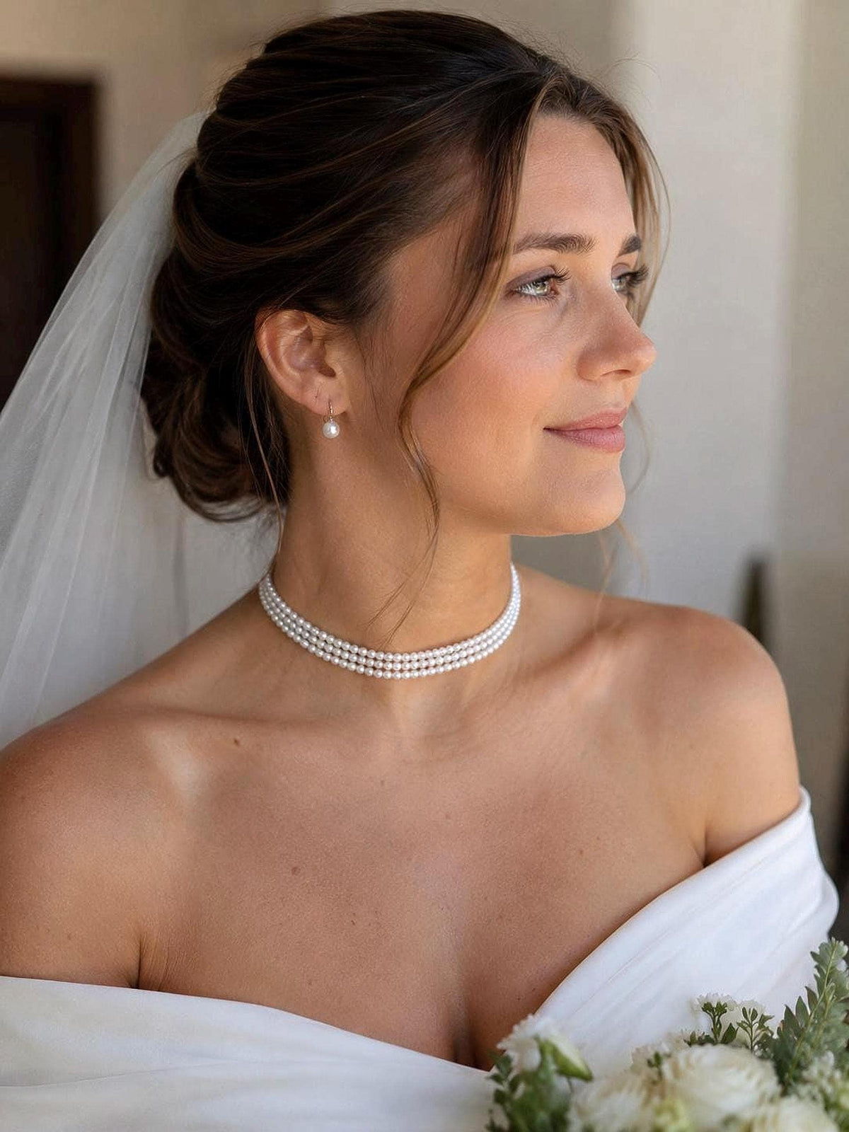 Layered Pearl Choker Necklace, Elegant Bridal Jewelry with Custom Length Options