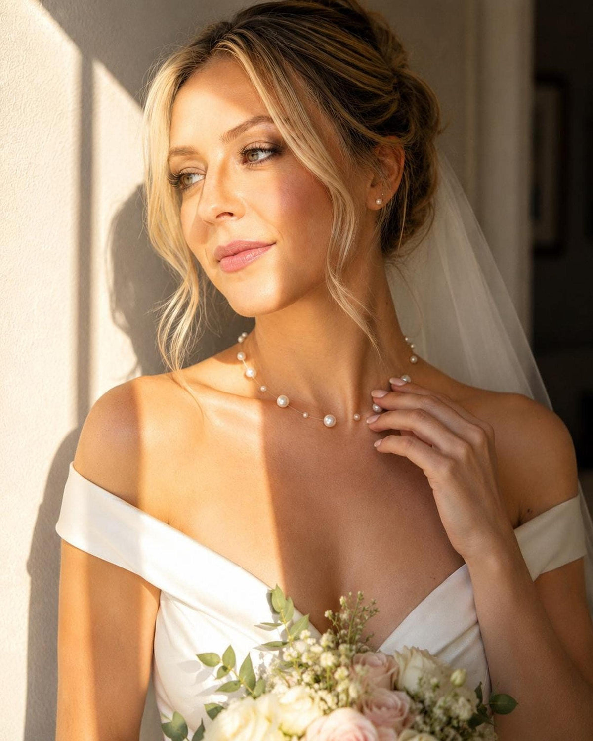 Floating Pearl Necklace: Minimalist Bridal Wedding Jewelry Choker
