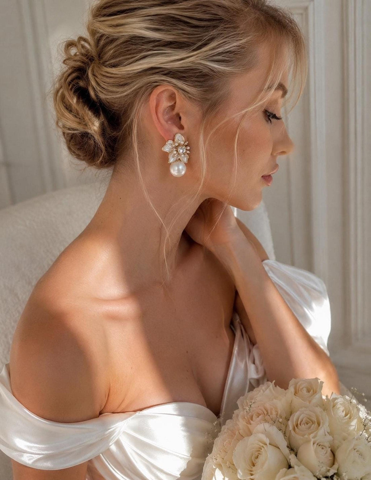 Cherry Petals Bridal Pearl Drop Earrings