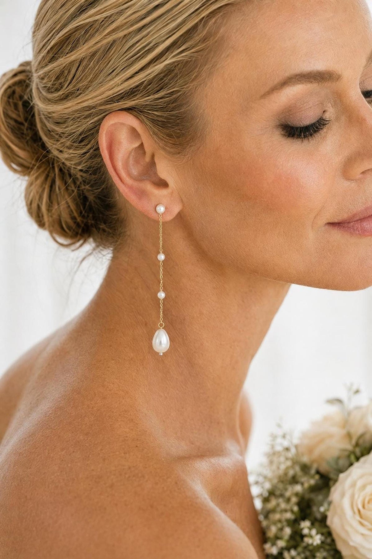 Delicate Pearl Long Drop Bridal Earrings, 14K Gold or Silver Filled Chain