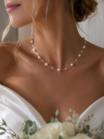Delicate Pearl Bridal Necklace | Silver-Tone Chain, Handmade Wedding Jewelry