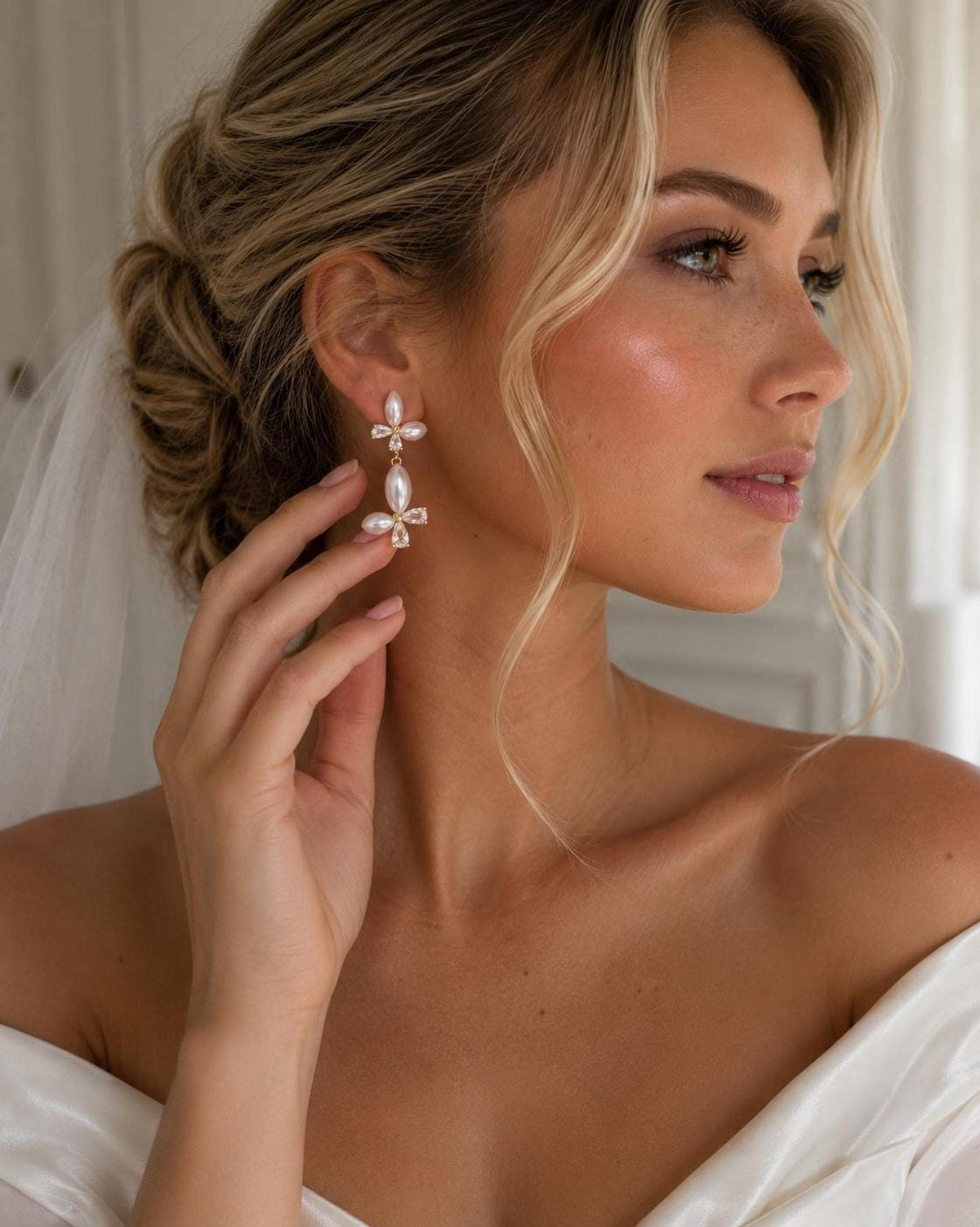 Gold Pearl Drop Bridal Earrings, Elegant Wedding Jewelry with Crystal Detailing