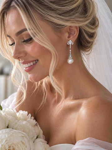 Countess Fleur Pearl Drop Earrings, Crystal Bridal Jewelry, Silver Filled, Art Deco Style