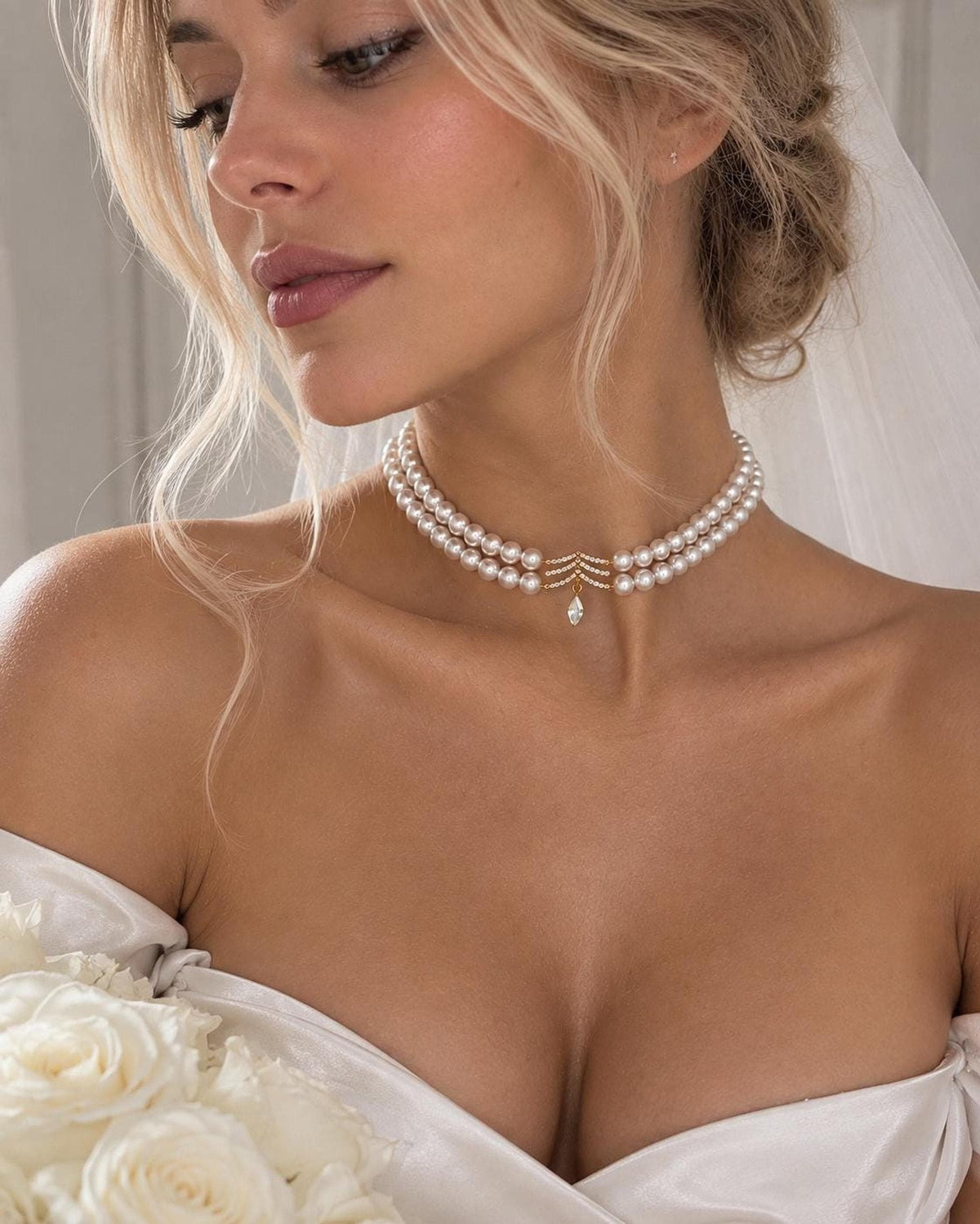 Celestia Double Strand Pearl Choker Necklace, Gold Crystal Bridal Jewelry