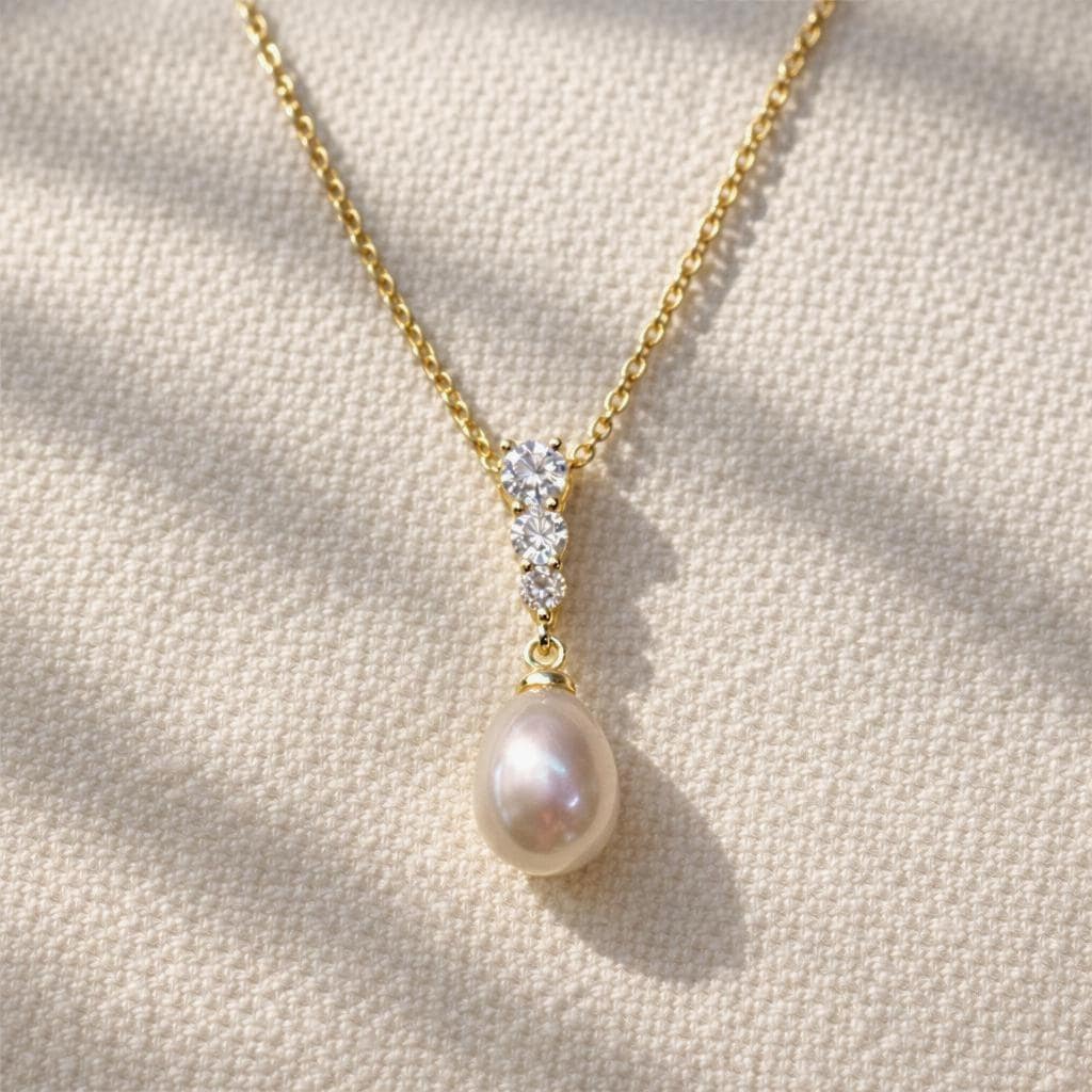 Freshwater Pearl Bridal Necklace, 18K Gold Plated Wedding Jewelry