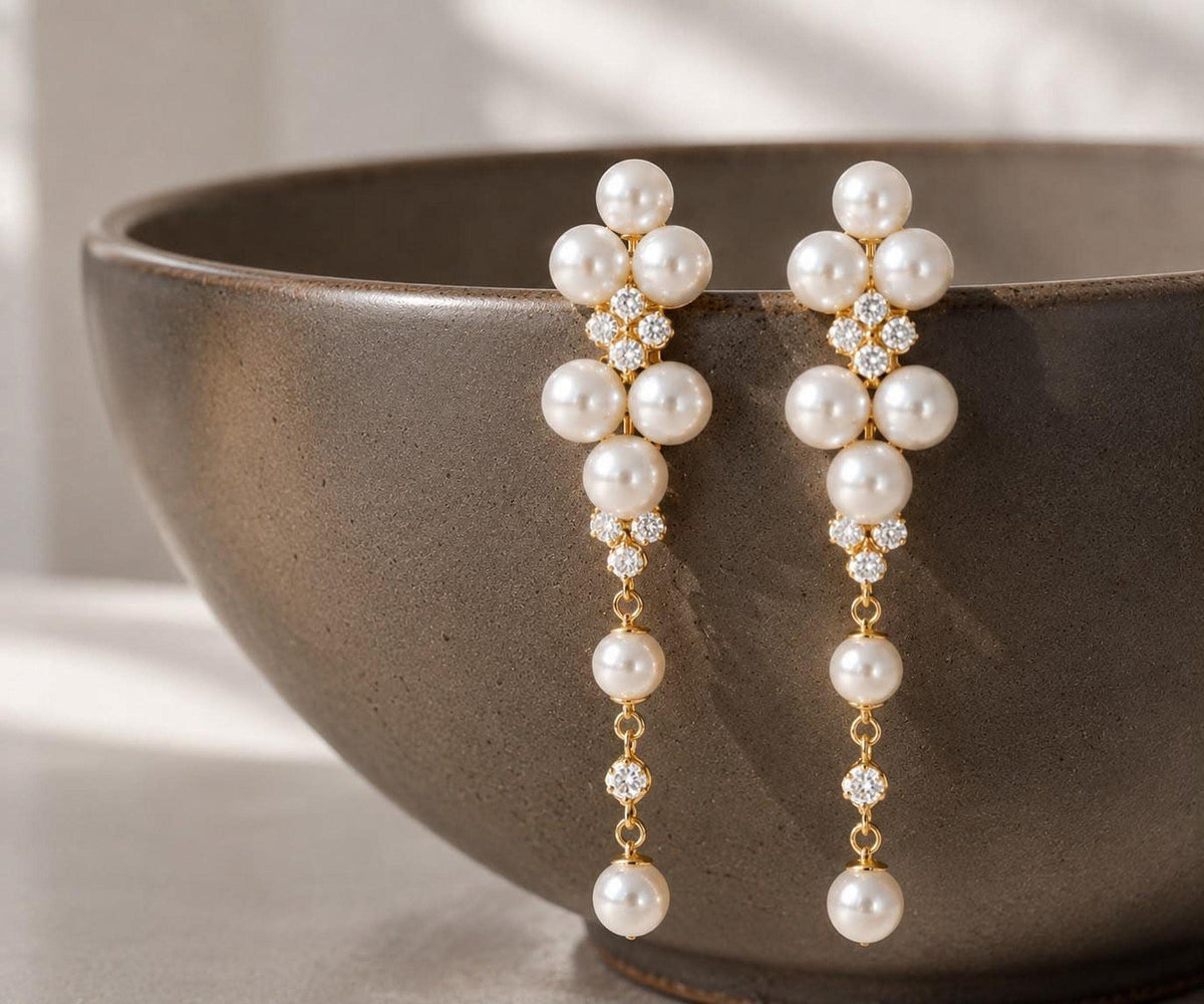 Long Floral Pearl Drop Earrings, Gold-Tone Bridal Jewelry for Weddings