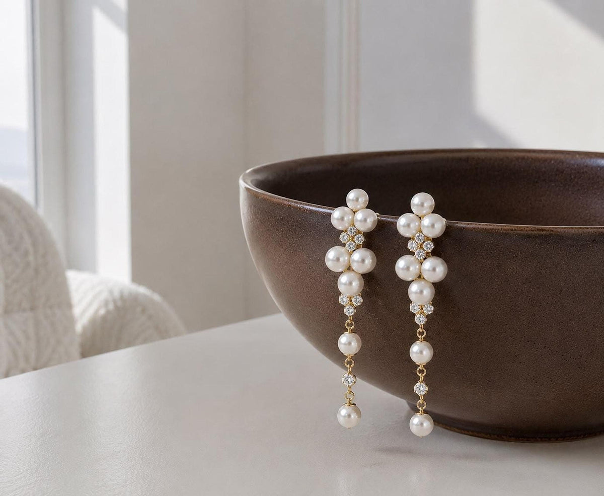 Long Floral Pearl Drop Earrings, Gold-Tone Bridal Jewelry for Weddings