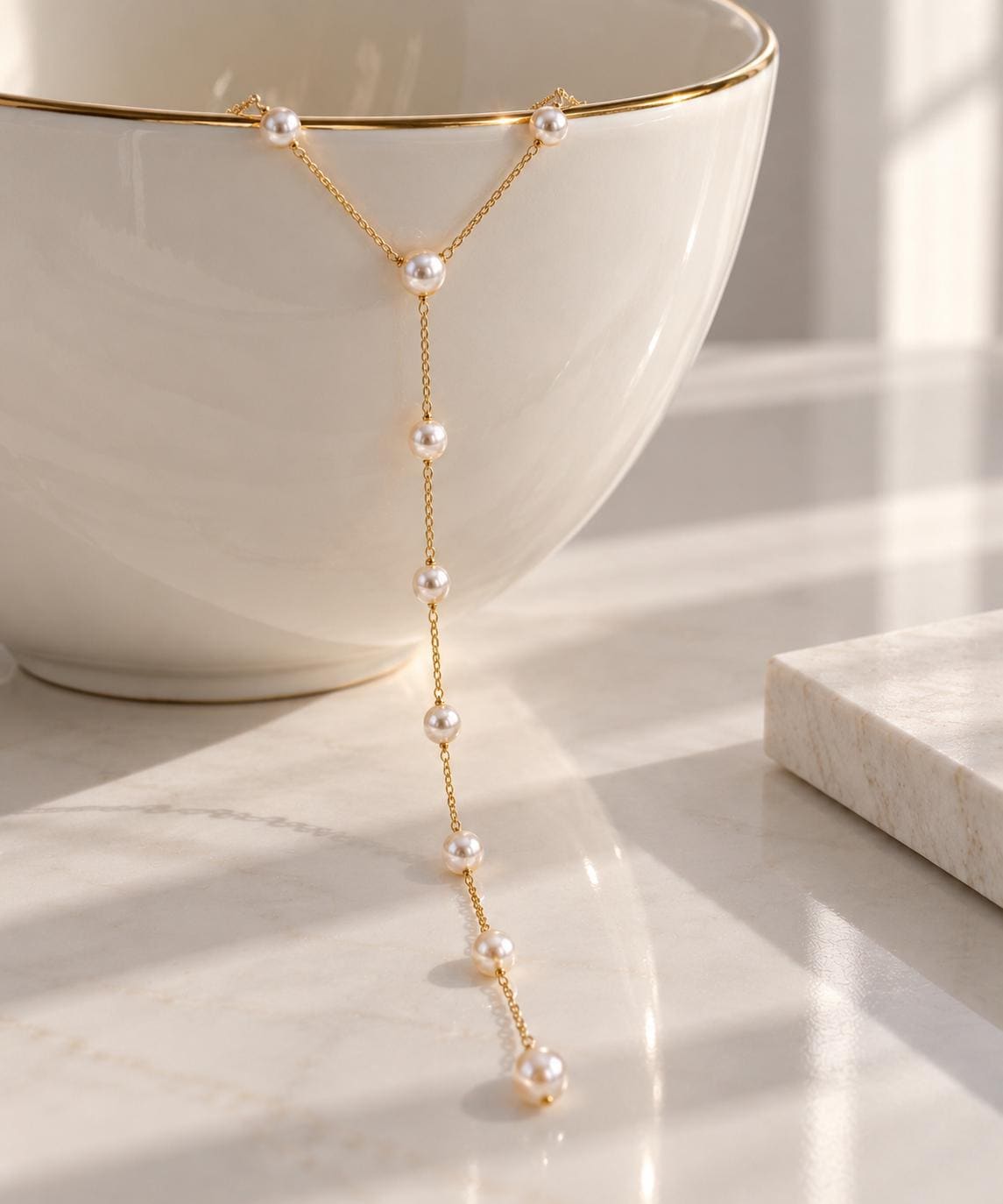 Gold Plated Pearl Back Necklace, Custom Length Bridal Jewelry for Backless Dresses