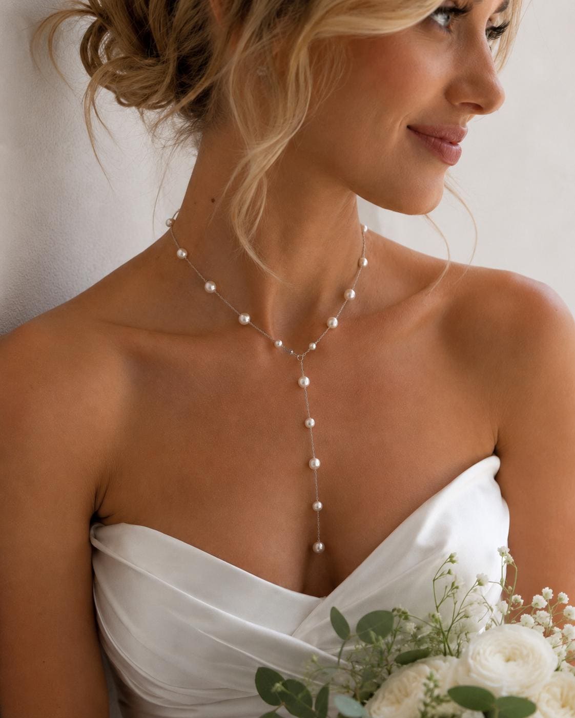 Elegant Silver Pearl Lariat Necklace, Custom Length Bridal Jewelry