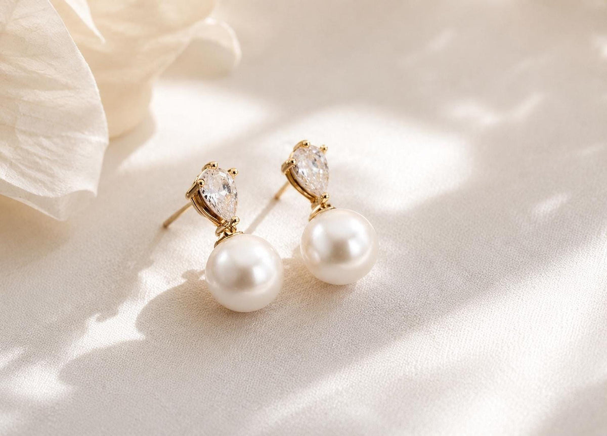 Elegant Wedding Jewelry Pearl Drop Earrings with Teardrop Crystals