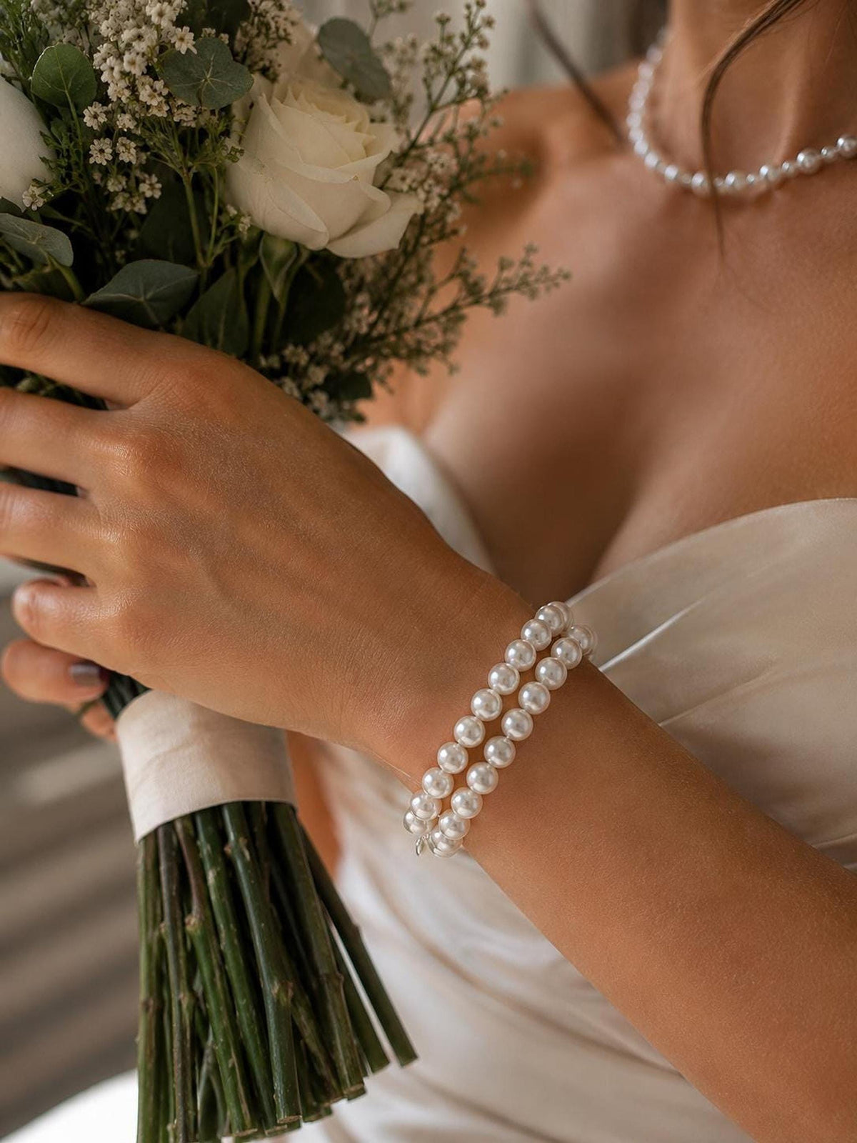 Double Strand Pearl Bridal Bracelet, Elegant Wedding Jewelry