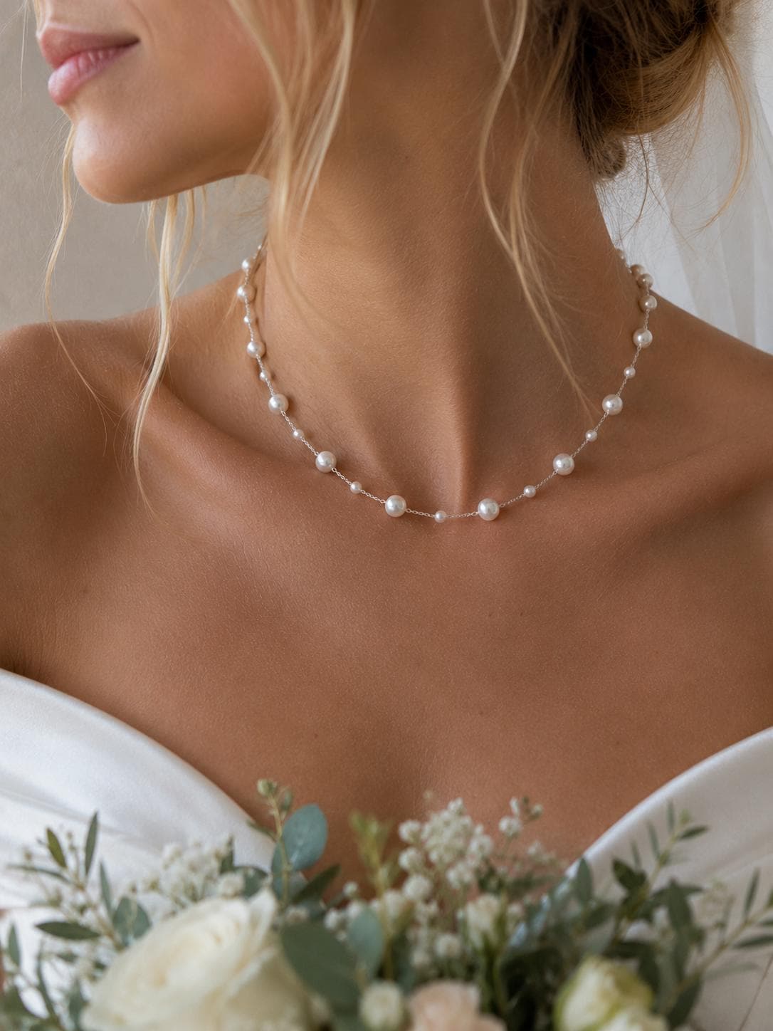 Delicate Pearl Bridal Necklace | Silver-Tone Chain, Handmade Wedding Jewelry