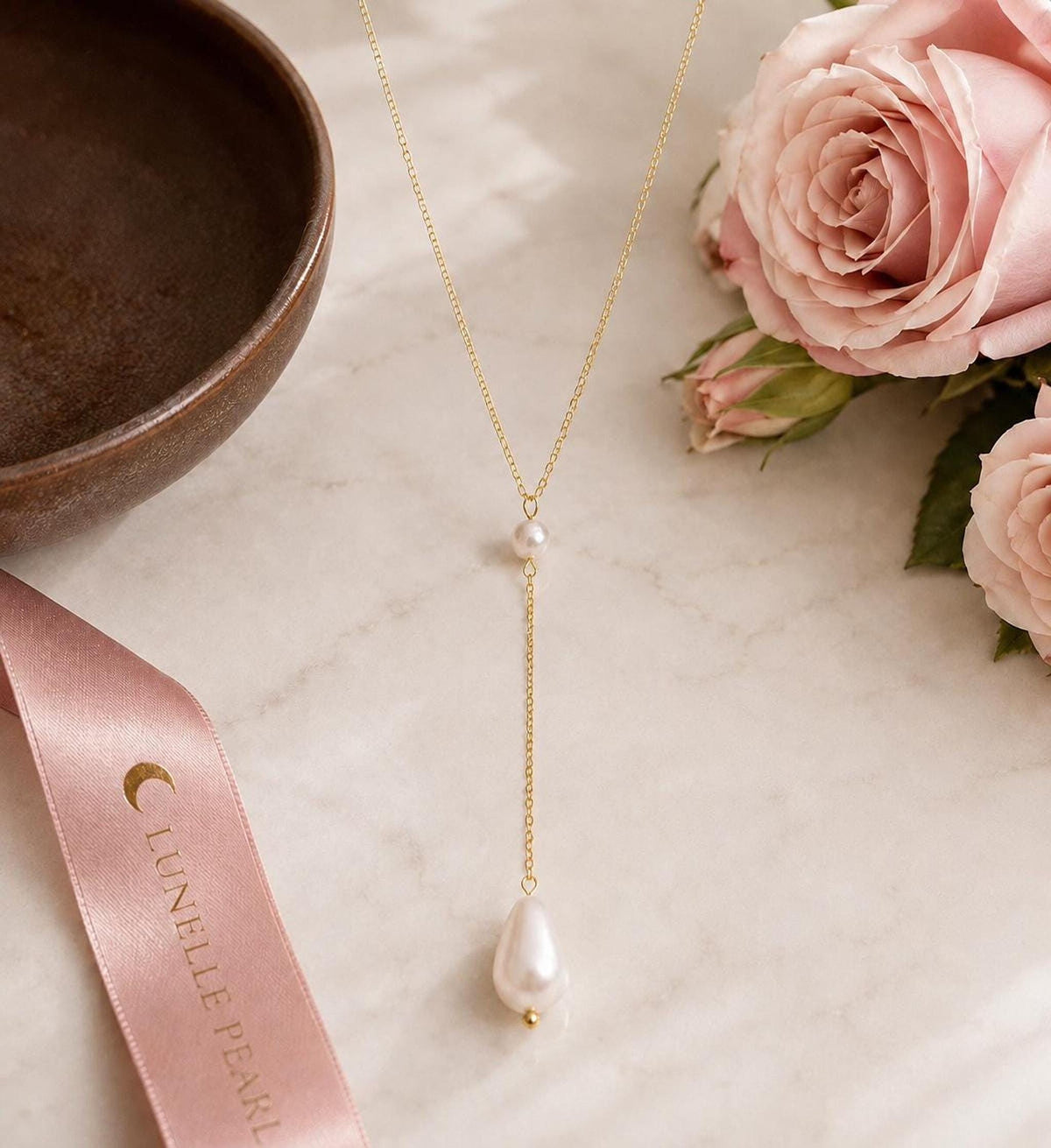 Pearl Y Necklace, 14K Gold-Plated Chain, Bridal Lariat