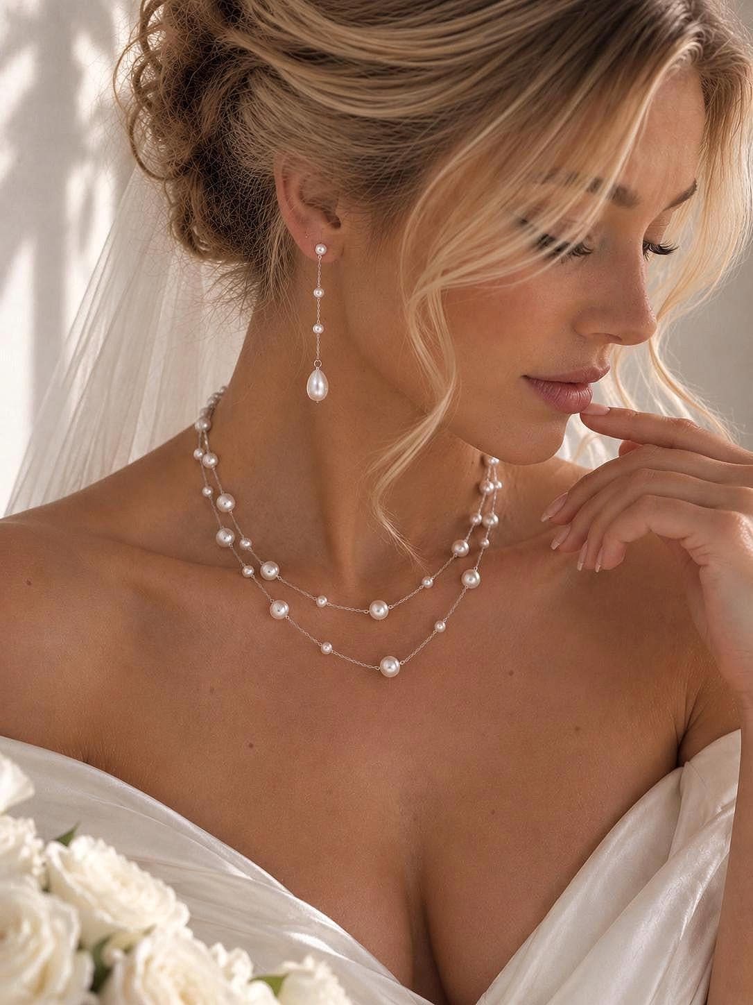 Double Layer Pearl Necklace, Bridal and Bridesmaid Wedding Jewelry And Gift