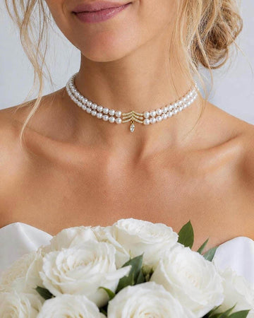 Celestia Double Strand Pearl Choker Necklace, Gold Crystal Bridal Jewelry