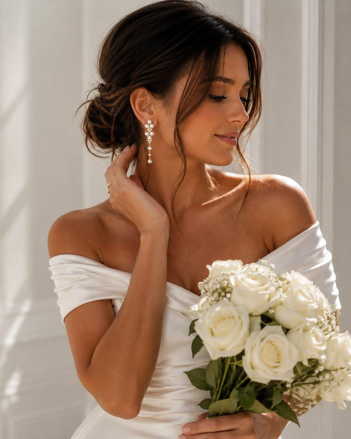 Long Floral Pearl Drop Earrings, Gold-Tone Bridal Jewelry for Weddings