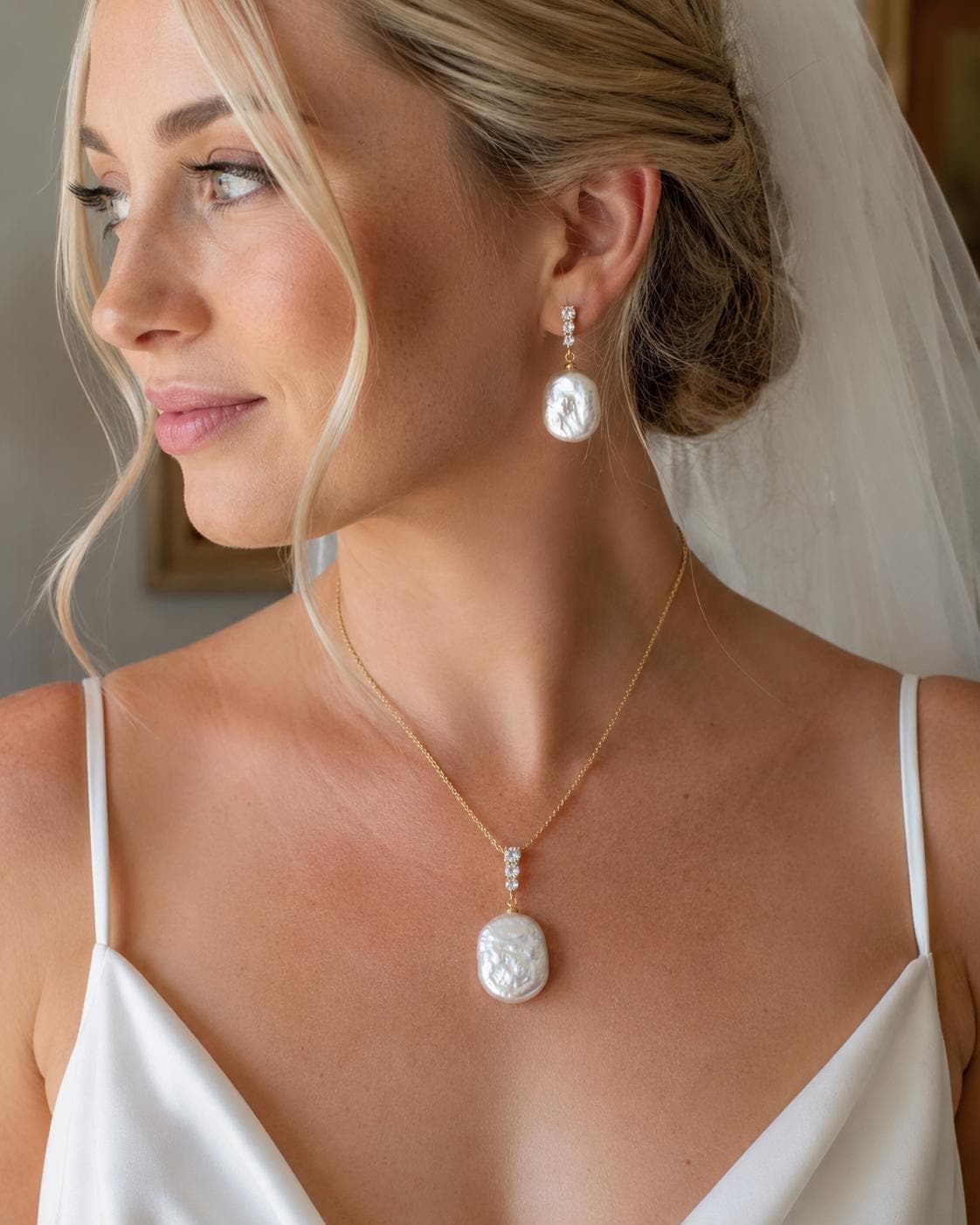 18K Gold Plated Baroque Pearl Jewellery Set, Bridal Necklace Earrings, Elegant Wedding