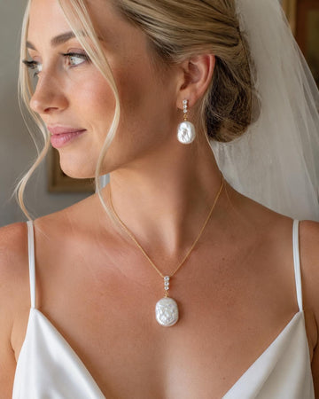 18K Gold Plated Baroque Pearl Jewellery Set, Bridal Necklace Earrings, Elegant Wedding