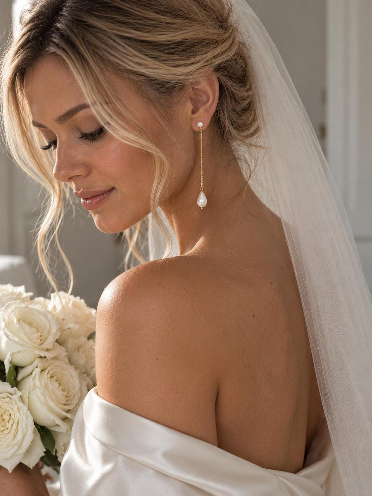 Long Pearl Drop Earrings, 7 Cm with Italian 14K Gold-Plated Bridal Jewelry