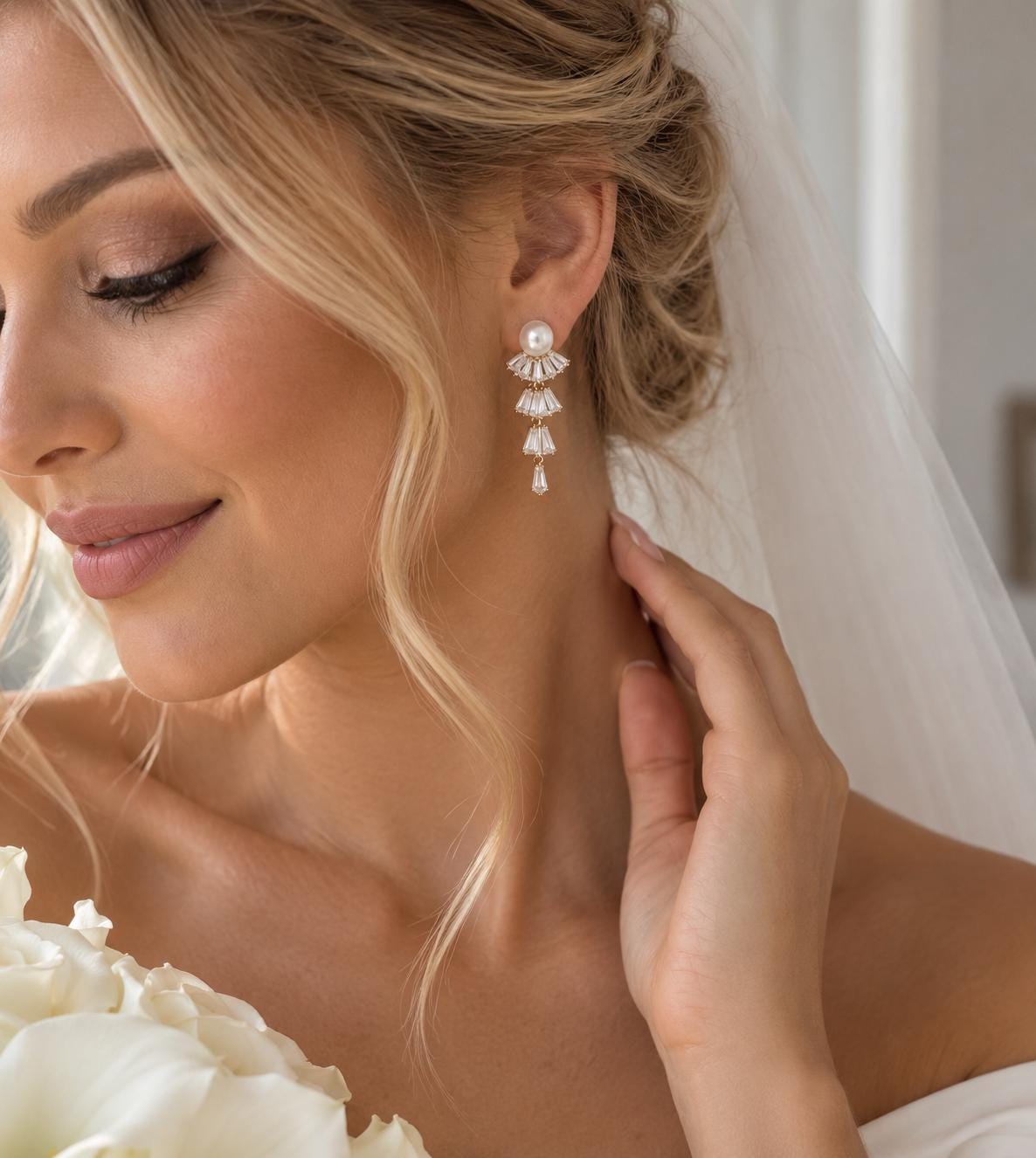 Pearl Bridal Earrings, Gold Crystal Drop, 4.5 cm Stainless Steel