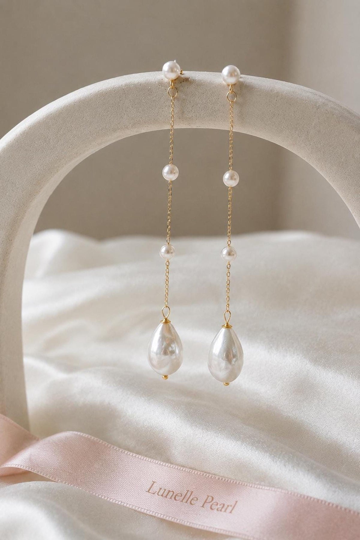 Long Pearl Drop Bridal Earrings, Delicate Chain Design in Gold or Silver