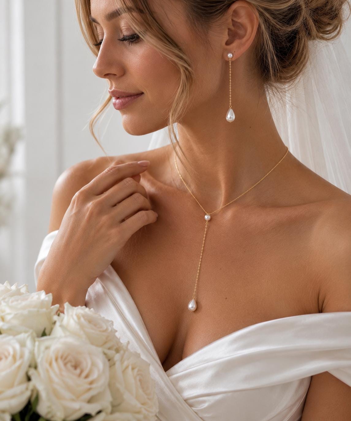 Pearl Y Necklace, 14K Gold-Plated Chain, Bridal Lariat