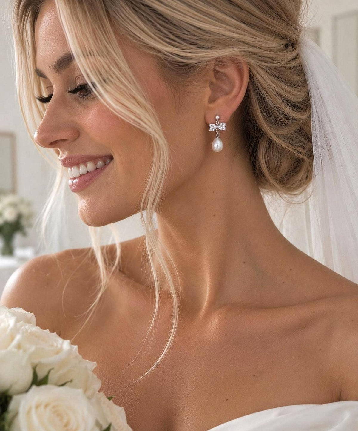 Sterling Silver Mother of Pearl Bow Earrings – Bridal Wedding Drop Jewelry