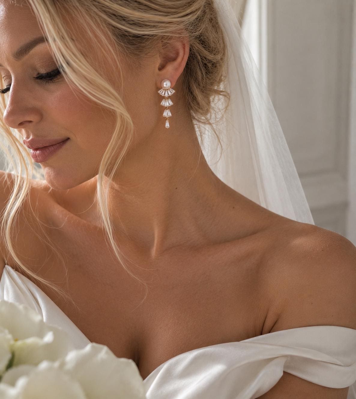 Pearl Bridal Earrings, Gold Crystal Drop, 4.5 cm Stainless Steel