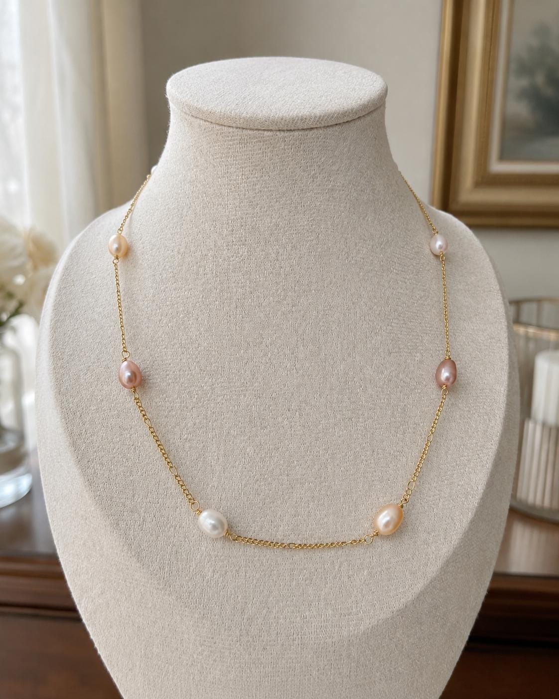 Luna Rosé Freshwater Pearl Necklace – 18k Gold Plated Bridal Chain