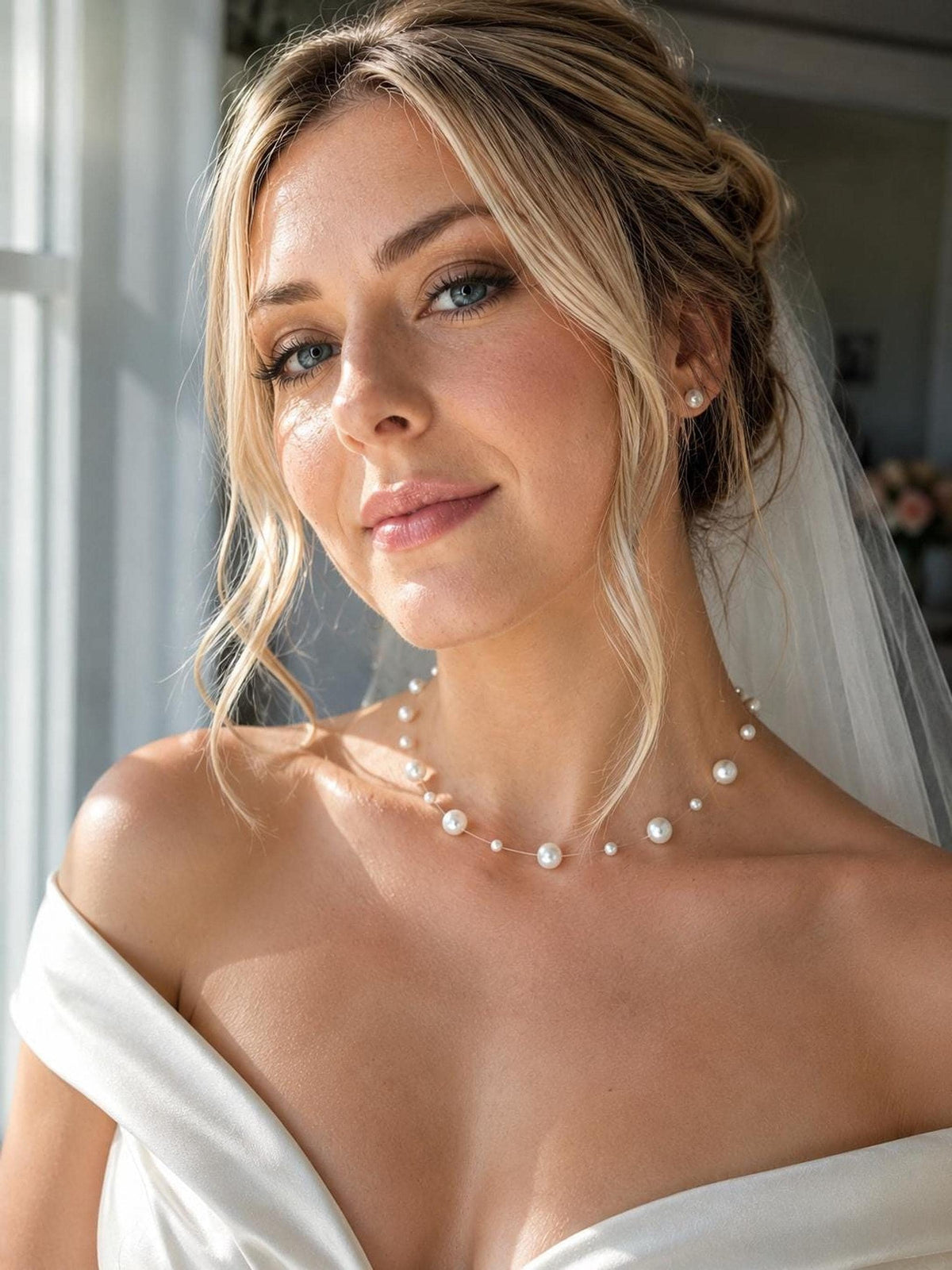 Floating Pearl Necklace: Minimalist Bridal Wedding Jewelry Choker