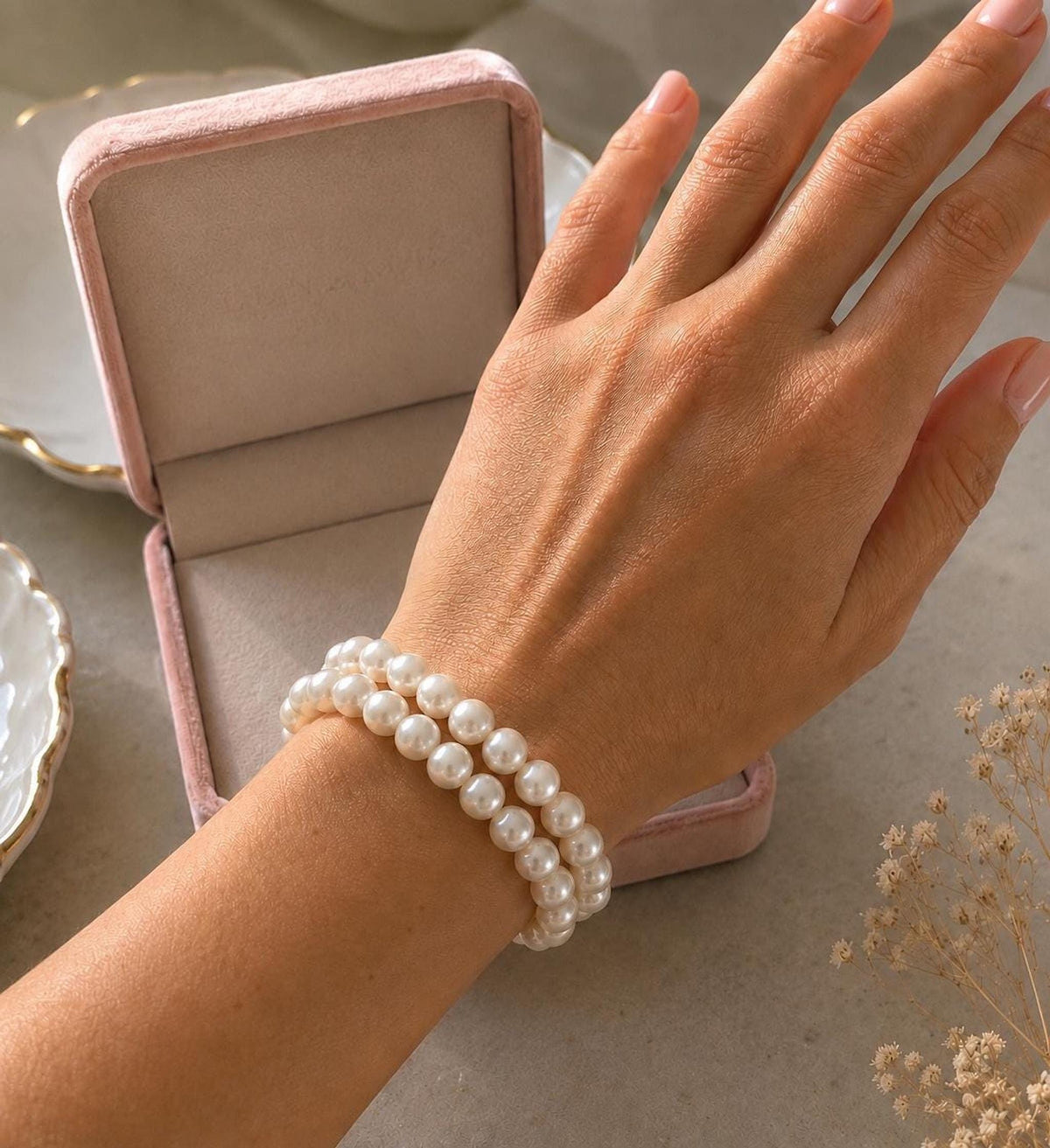 Double Strand Pearl Bridal Bracelet, Elegant Wedding Jewelry