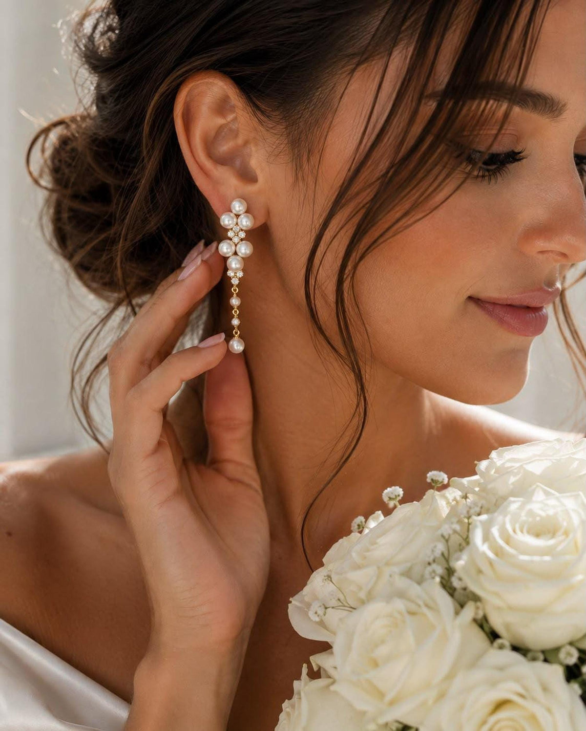 Long Floral Pearl Drop Earrings, Gold-Tone Bridal Jewelry for Weddings