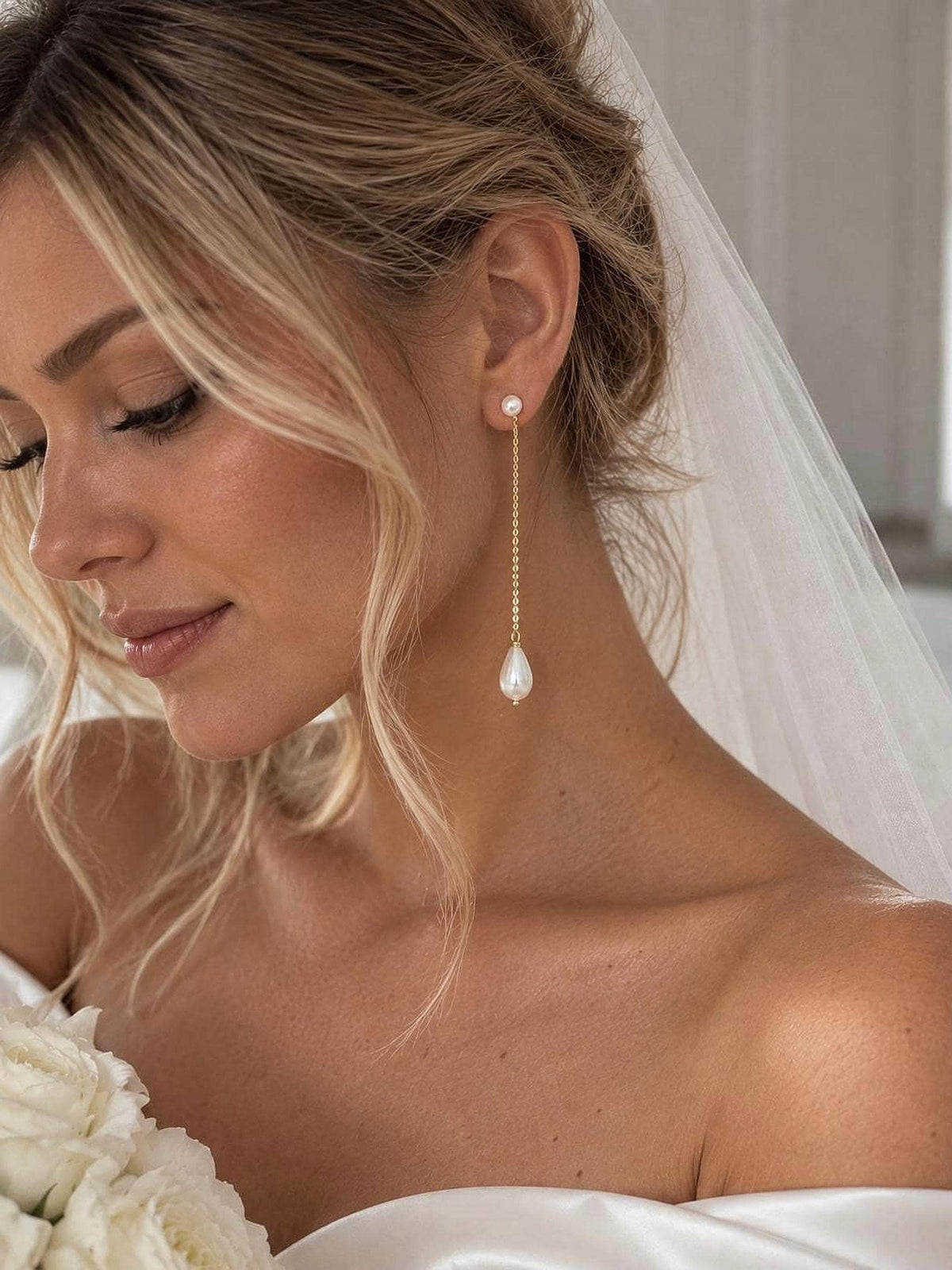 Long Pearl Drop Earrings, 7 Cm with Italian 14K Gold-Plated Bridal Jewelry