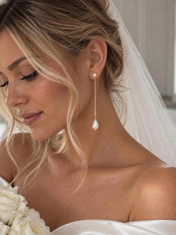 Long Pearl Drop Earrings, 7 Cm with Italian 14K Gold-Plated Bridal Jewelry