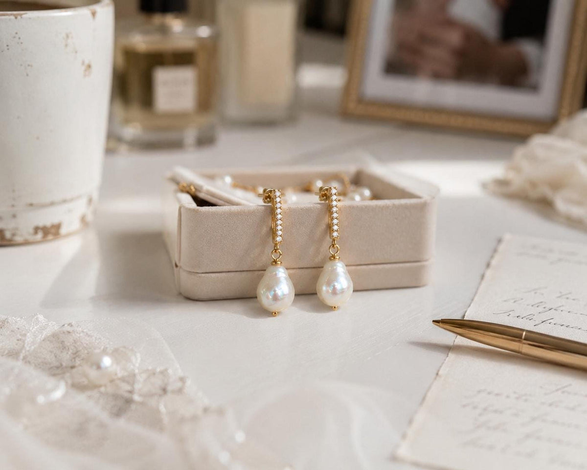 Baroque Mother of Pearl Earrings, 18K Gold Plated Sterling Silver Bridal Jewelry