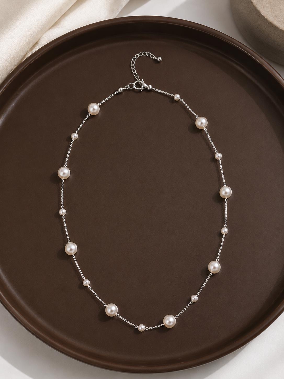 Delicate Pearl Bridal Necklace | Silver-Tone Chain, Handmade Wedding Jewelry