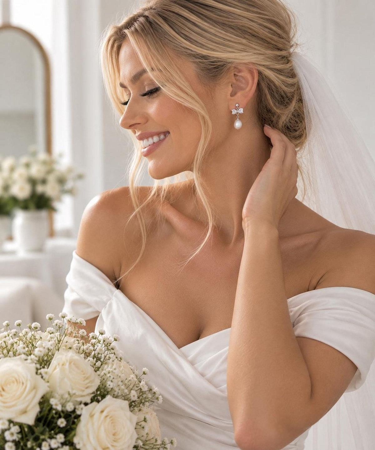 Sterling Silver Mother of Pearl Bow Earrings – Bridal Wedding Drop Jewelry
