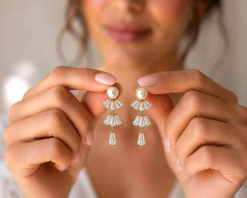 Pearl Bridal Earrings, Gold Crystal Drop, 4.5 cm Stainless Steel