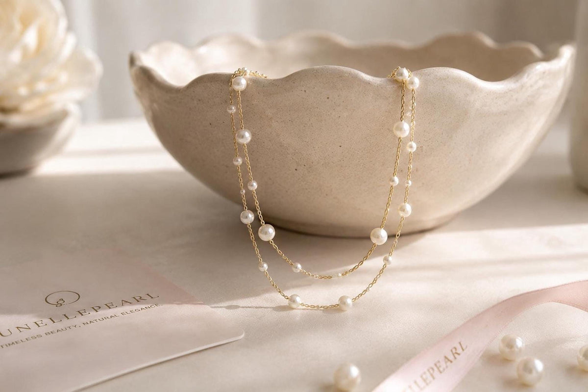 Bridal Pearl Necklace, Double Layered Gold and Silver Wedding Jewelry