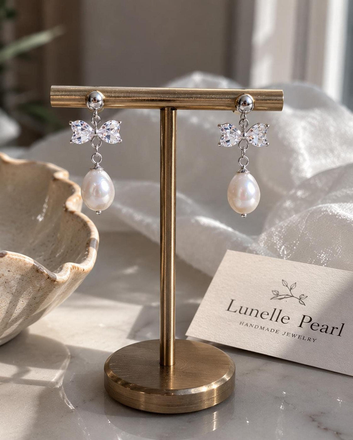 Sterling Silver Mother of Pearl Bow Earrings – Bridal Wedding Drop Jewelry