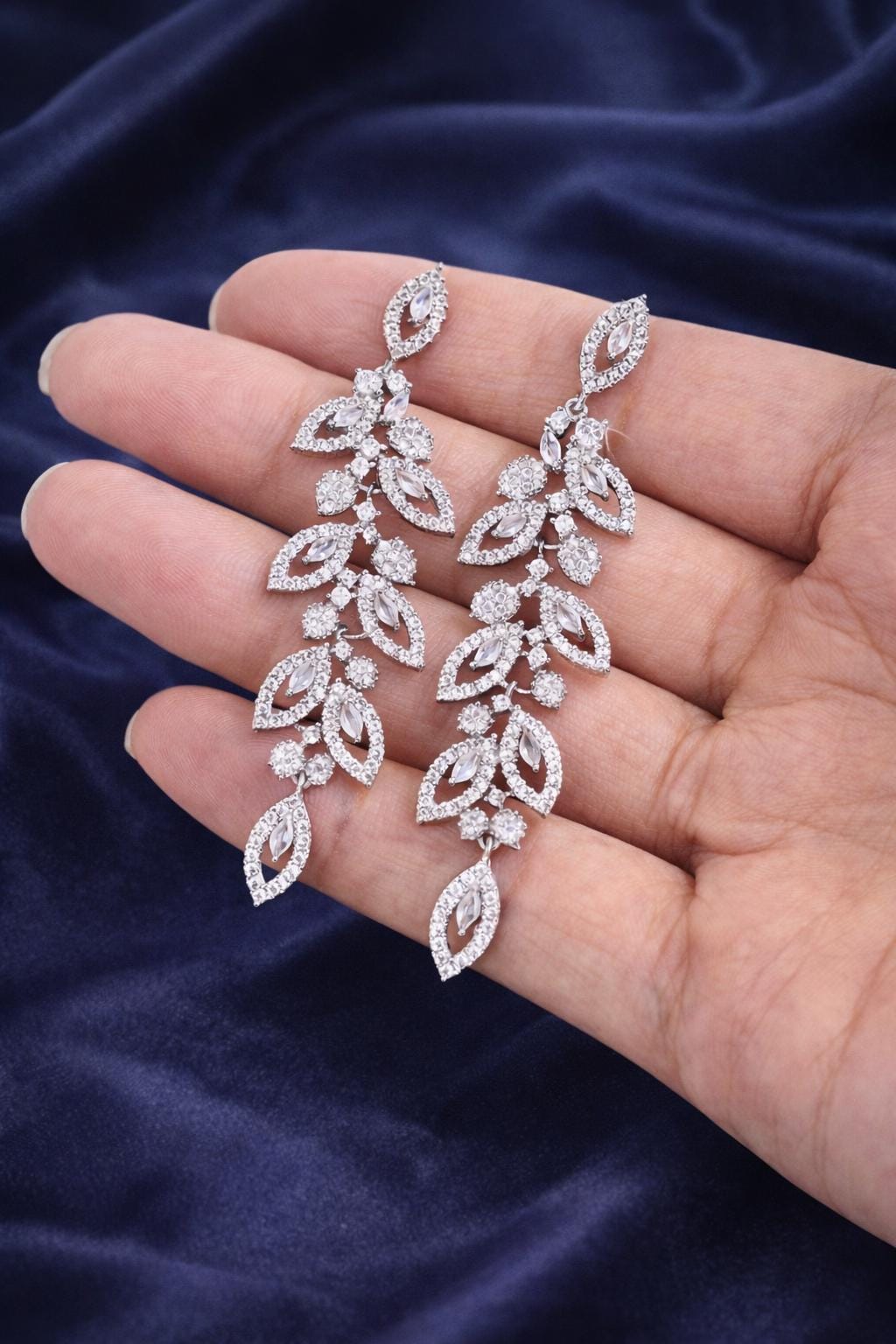 Elegant Leaf Chandelier Bridal Earrings, Cubic Zirconia Wedding Drop Jewelry