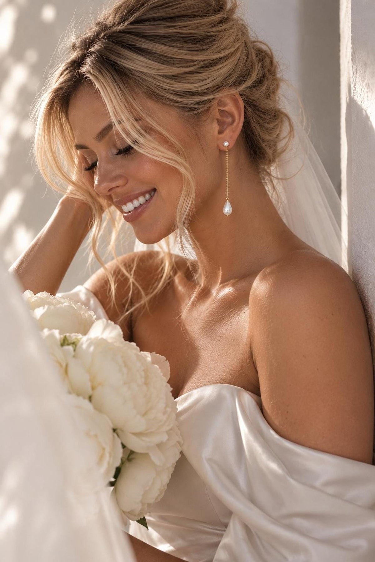 Long Pearl Drop Earrings, 7 Cm with Italian 14K Gold-Plated Bridal Jewelry