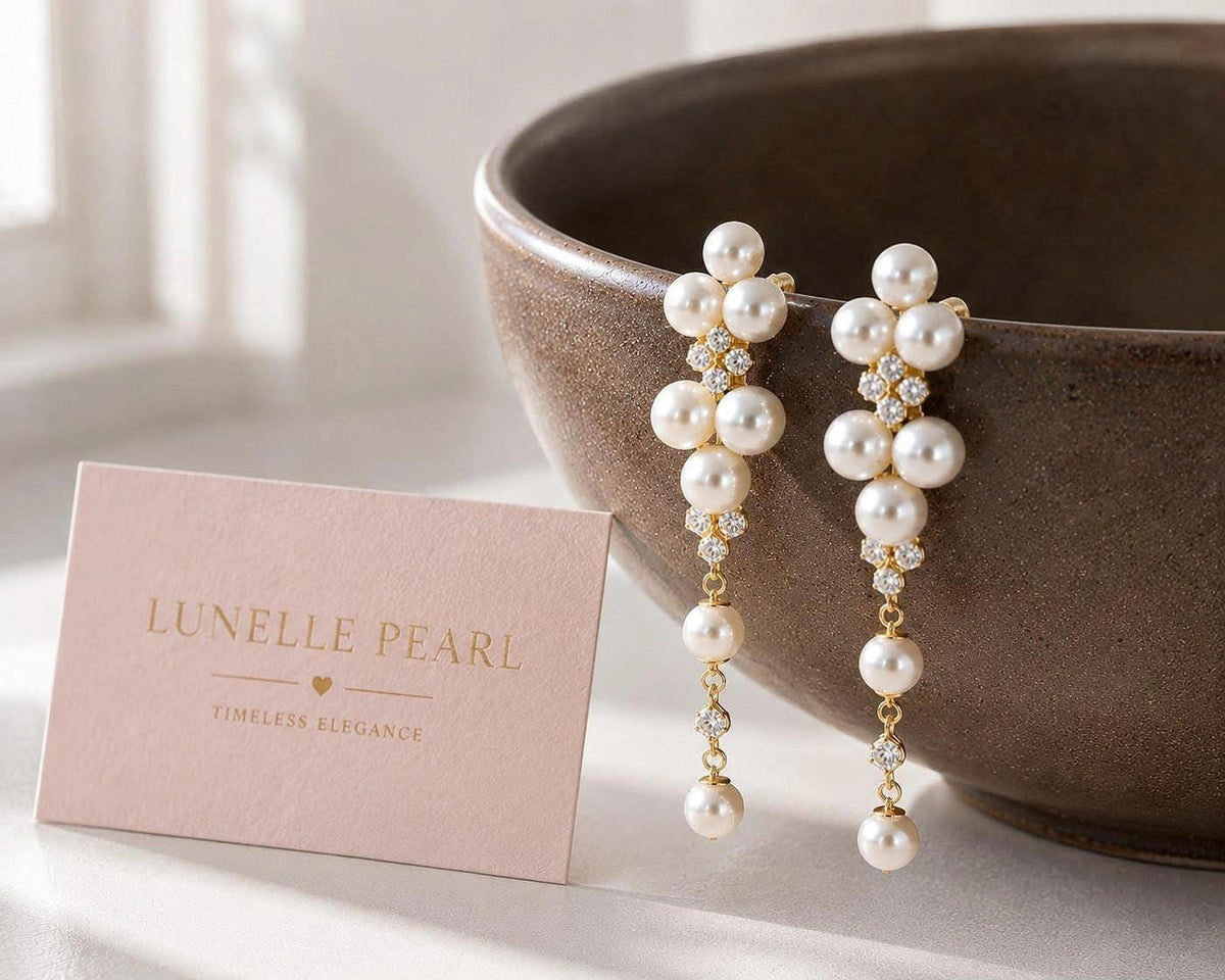Long Floral Pearl Drop Earrings, Gold-Tone Bridal Jewelry for Weddings