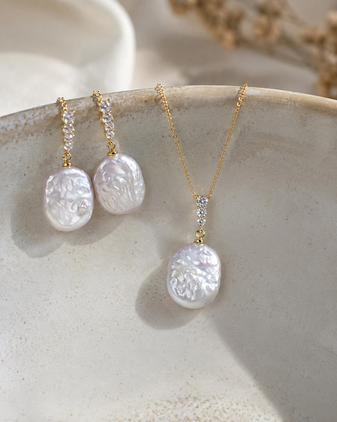 18K Gold Plated Baroque Pearl Jewellery Set, Bridal Necklace Earrings, Elegant Wedding