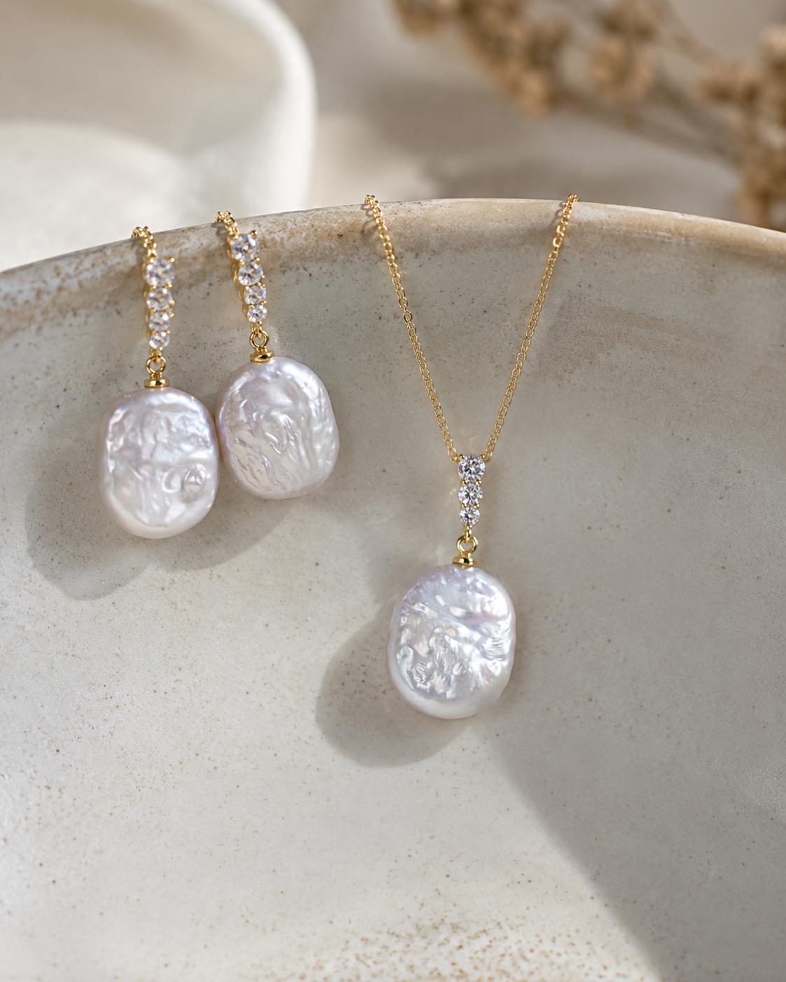 18K Gold Plated Baroque Pearl Jewellery Set, Bridal Necklace Earrings, Elegant Wedding