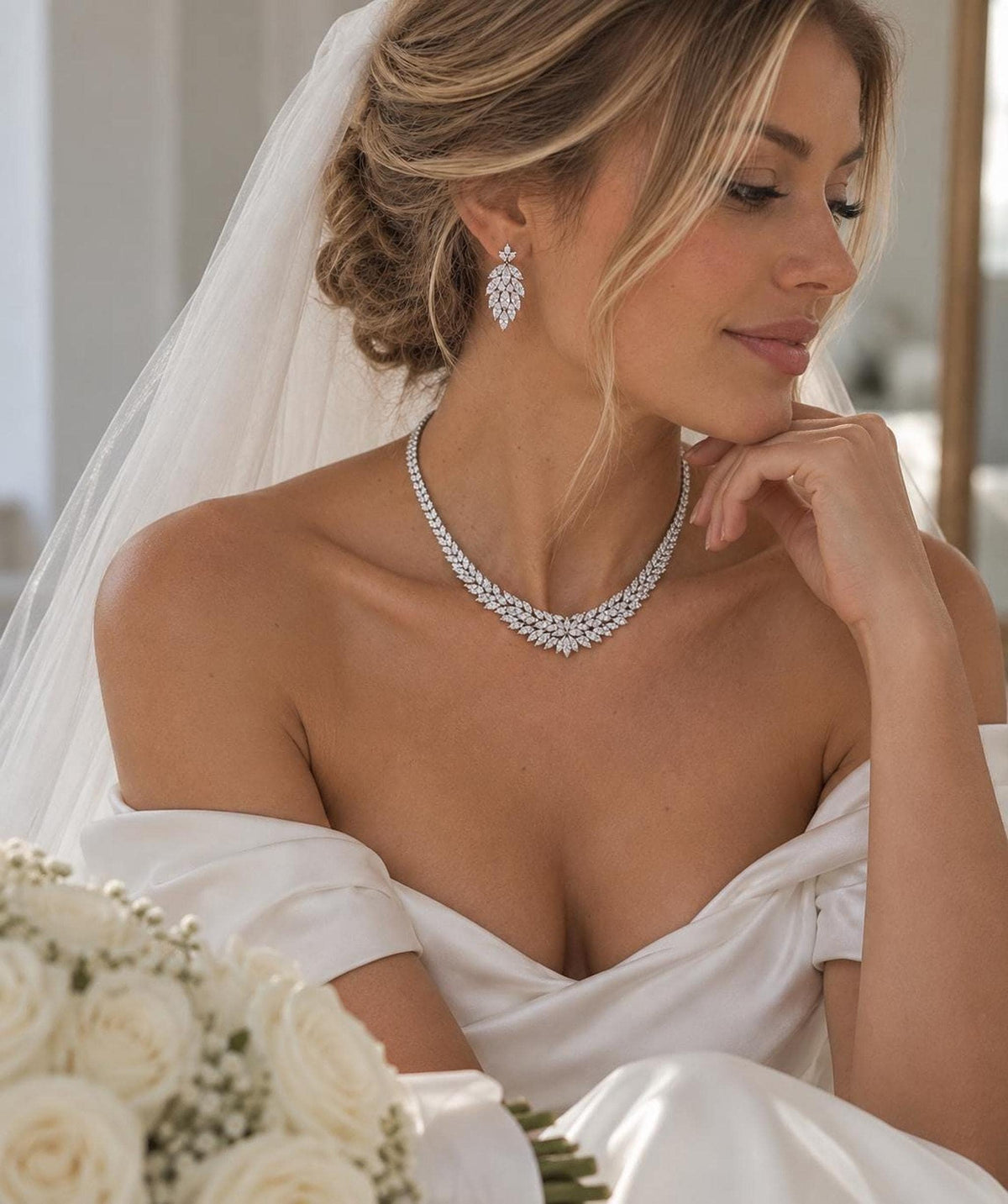 Luxury Bridal Necklace & Earrings Set – Marquise Cut Cubic Zirconia Statement Wedding Jewelry
