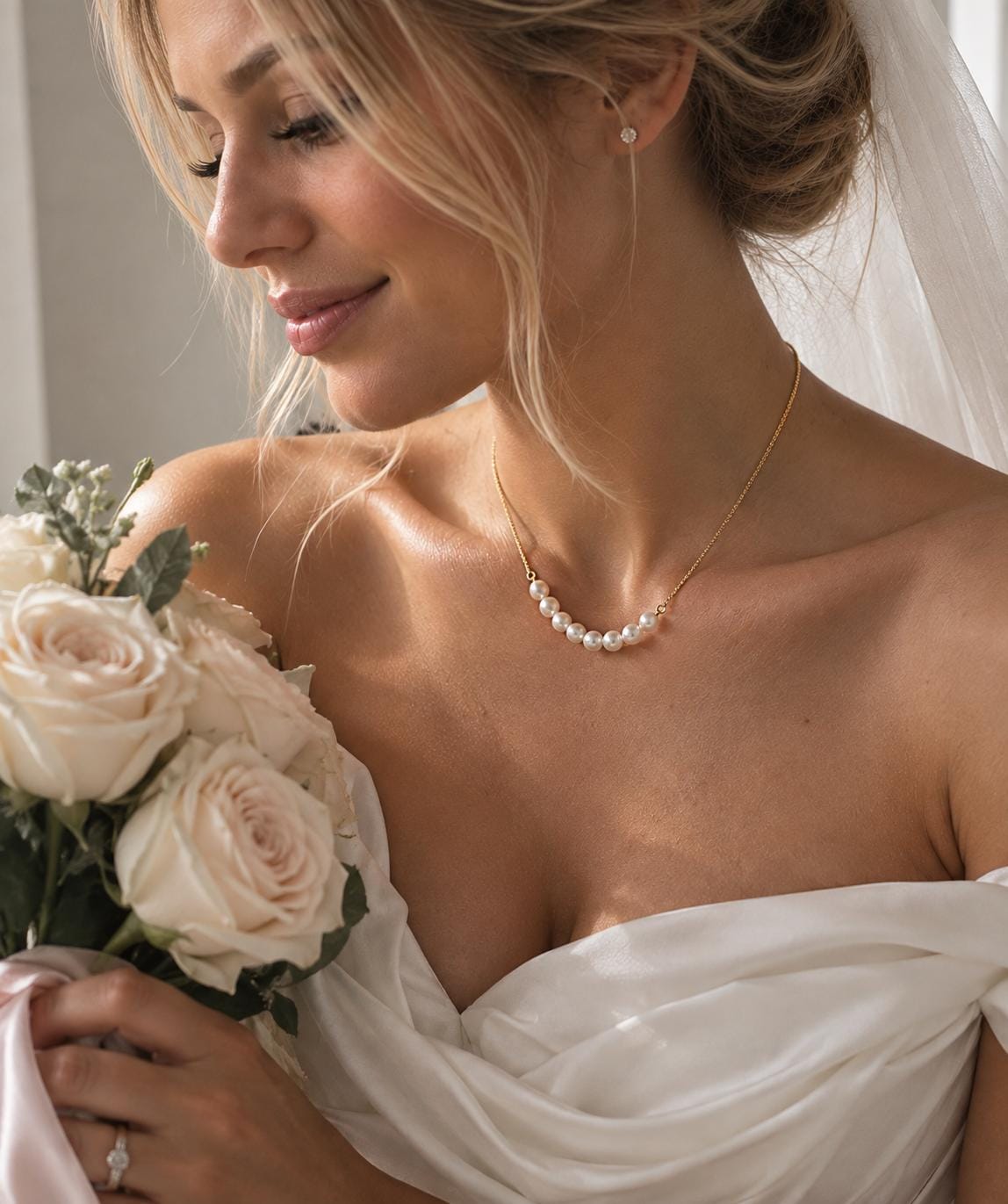 Ethereal Pearl Bridal Necklace, Gold Plated Chain, Minimalist Bride Jewelry