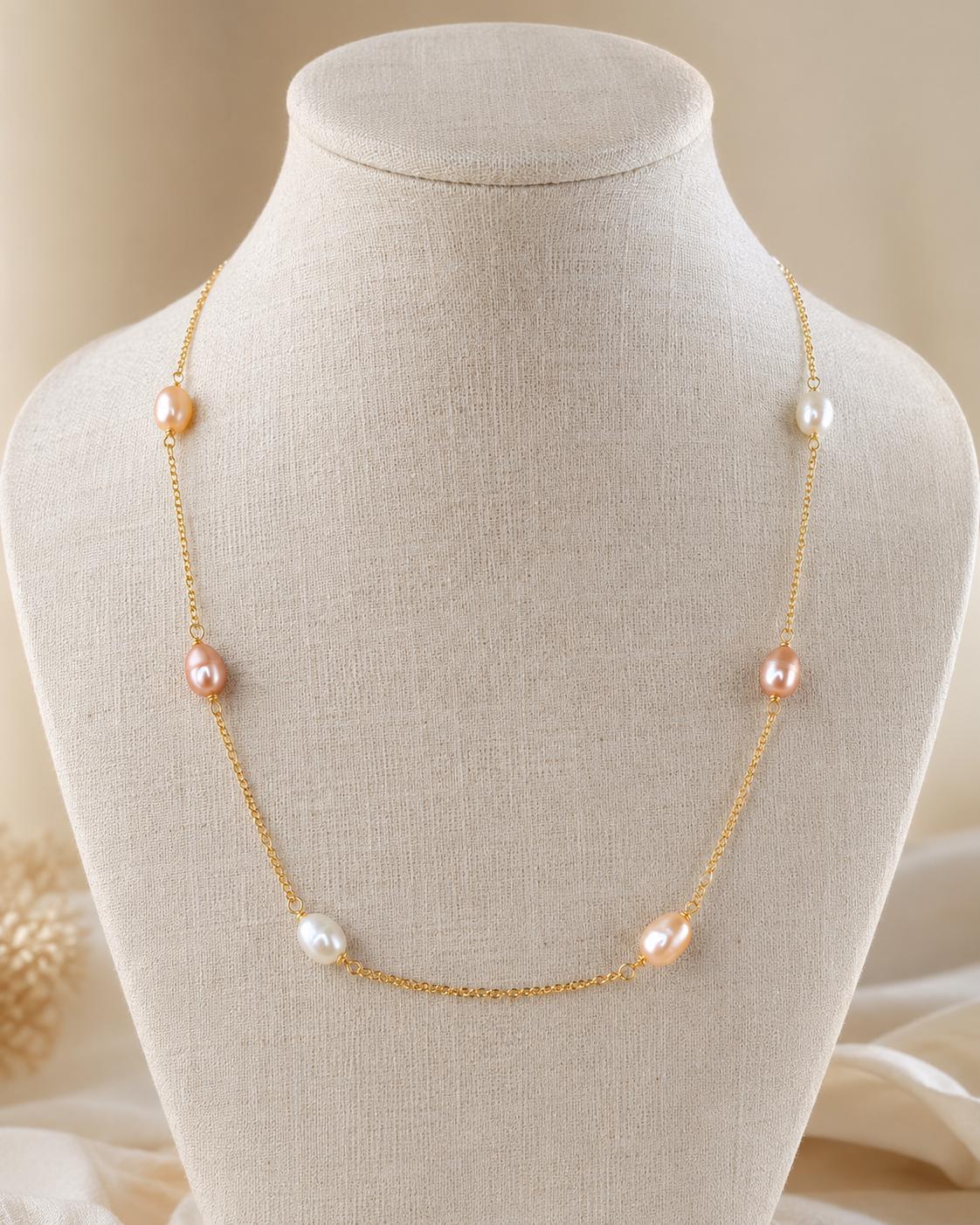 Luna Rosé Freshwater Pearl Necklace – 18k Gold Plated Bridal Chain