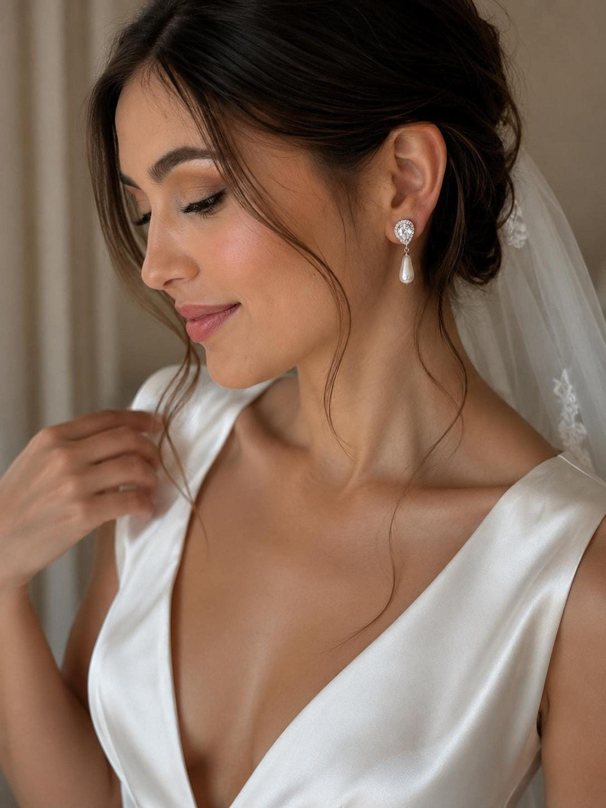 Teardrop Pearl Earrings with CZ Stones, Elegant Bridal Jewelry for Weddings